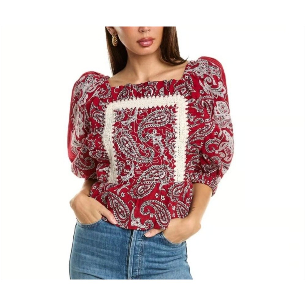 SEA New York Red Paisley Bandana Embroidered Open Back Theodora Top Size L